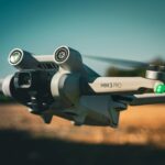 Detailed shot of a Mini 3 Pro drone flying outdoors, showcasing its camera and design.