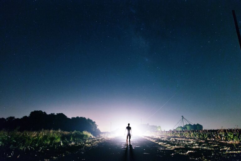 A silhouette of a person standing on a road under a vast, starry night sky with distant light.